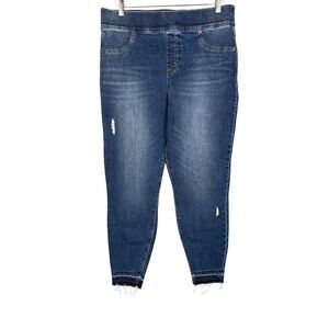 SPANX Jeans Womens‎ 1XP Petite Blue Pull On Jeggings Distressed Dark Wash Frayed